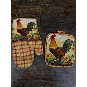 Rooster Sunflower Oven Mitt‎ and Pot Holder Set Farmhouse Kitchen Decor